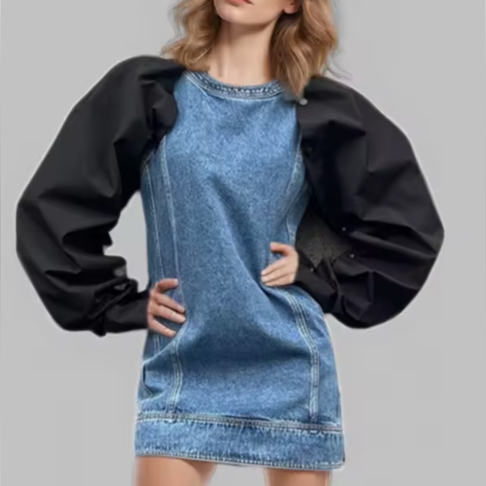 ANOTHER MODE NWOT Whimsical Chic Women’s Sz L Dramatic Puff Sleeves Denim Dress